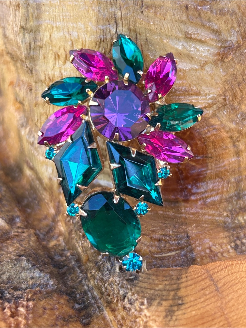Verified Juliana D & E Pink & Teal Crystal Floral Brooch